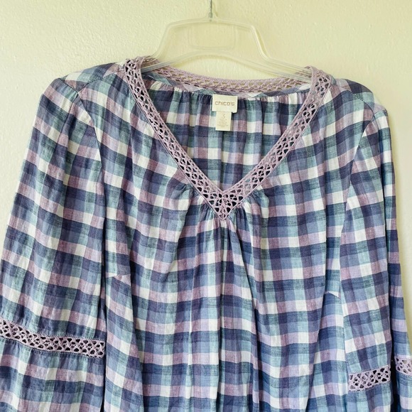 Chico's Linen Blue and Purple Checkered Blouse - Picture 3 of 11